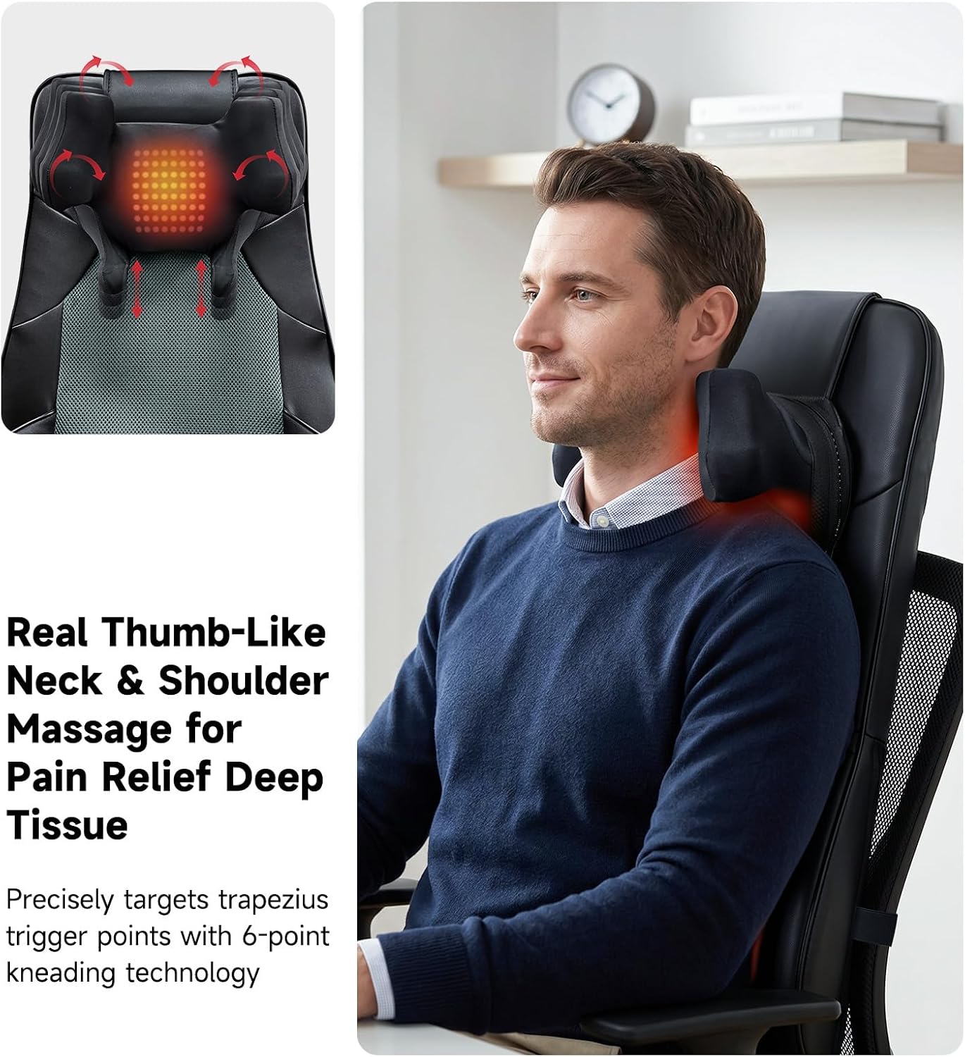 Flekzo Shiatsu Back Massager Chair Pad with 4-Zone Heat, Deep Tissue Kneading & Rolling, 6-Point Finger-Grip Neck & Back Massage, Adjustable Height, Office Chair & Recliner Seat Cushion, Black thumbnail 3