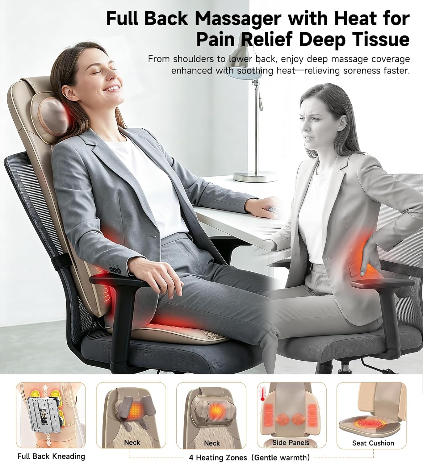 Flekzo Back Massager for Chair with Heat, Shiatsu Neck and Shoulder 4D Kneading Deep Tissue Massage Chair Pad, Electric Portable Seat Cushion for Muscle Back Pain Relief Home Office Use, Beige thumbnail 7