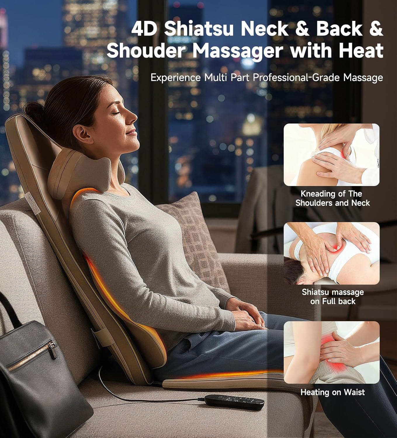 Flekzo Back Massager for Chair with Heat, Shiatsu Neck and Shoulder 4D Kneading Deep Tissue Massage Chair Pad, Electric Portable Seat Cushion for Muscle Back Pain Relief Home Office Use, Beige thumbnail 3