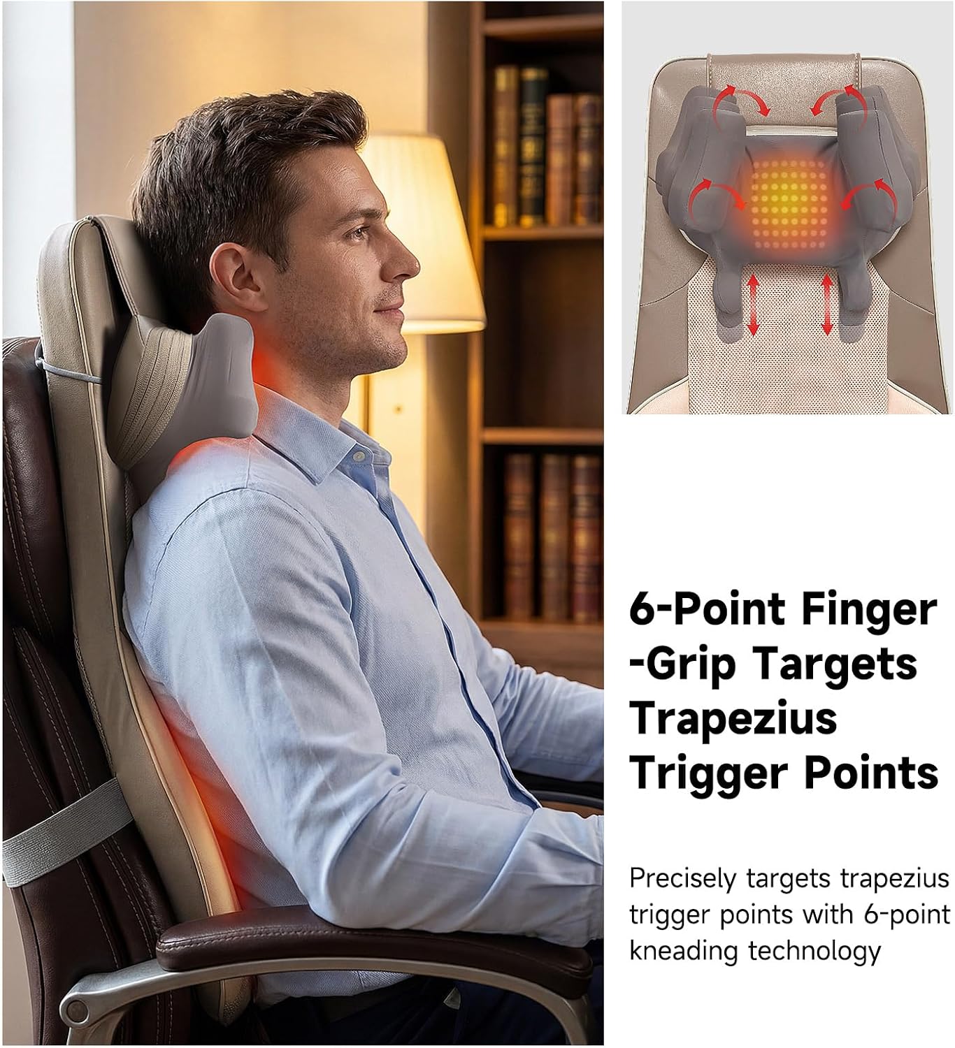 Flekzo Shiatsu Neck and Back Massager for Office Chair with Heat – Deep Tissue 6-Point Finger-Grip Kneading, 4-Zone Heating, Adjustable Height, Pain Relief Massage Pad for Desk Workers, Brown thumbnail 3
