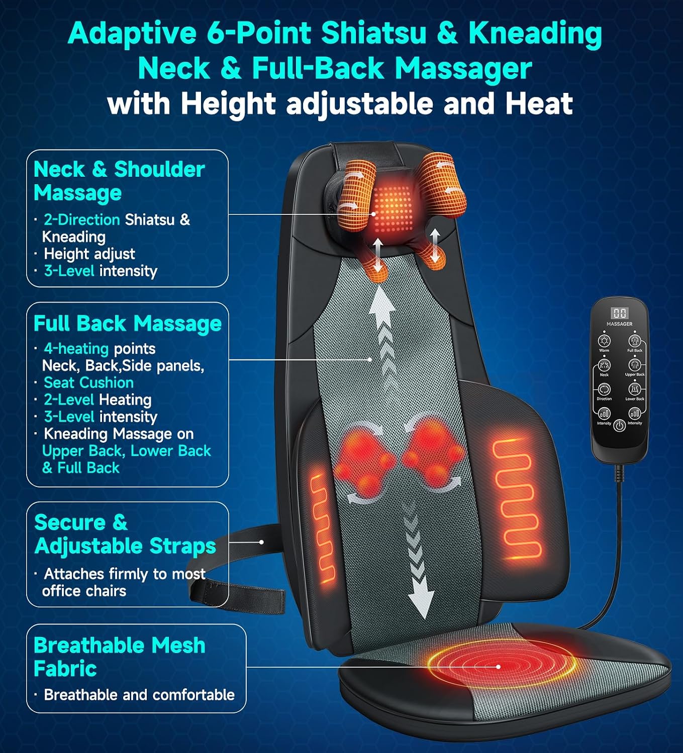 Flekzo Shiatsu Back Massager Chair Pad with 4-Zone Heat, Deep Tissue Kneading & Rolling, 6-Point Finger-Grip Neck & Back Massage, Adjustable Height, Office Chair & Recliner Seat Cushion, Black thumbnail 7