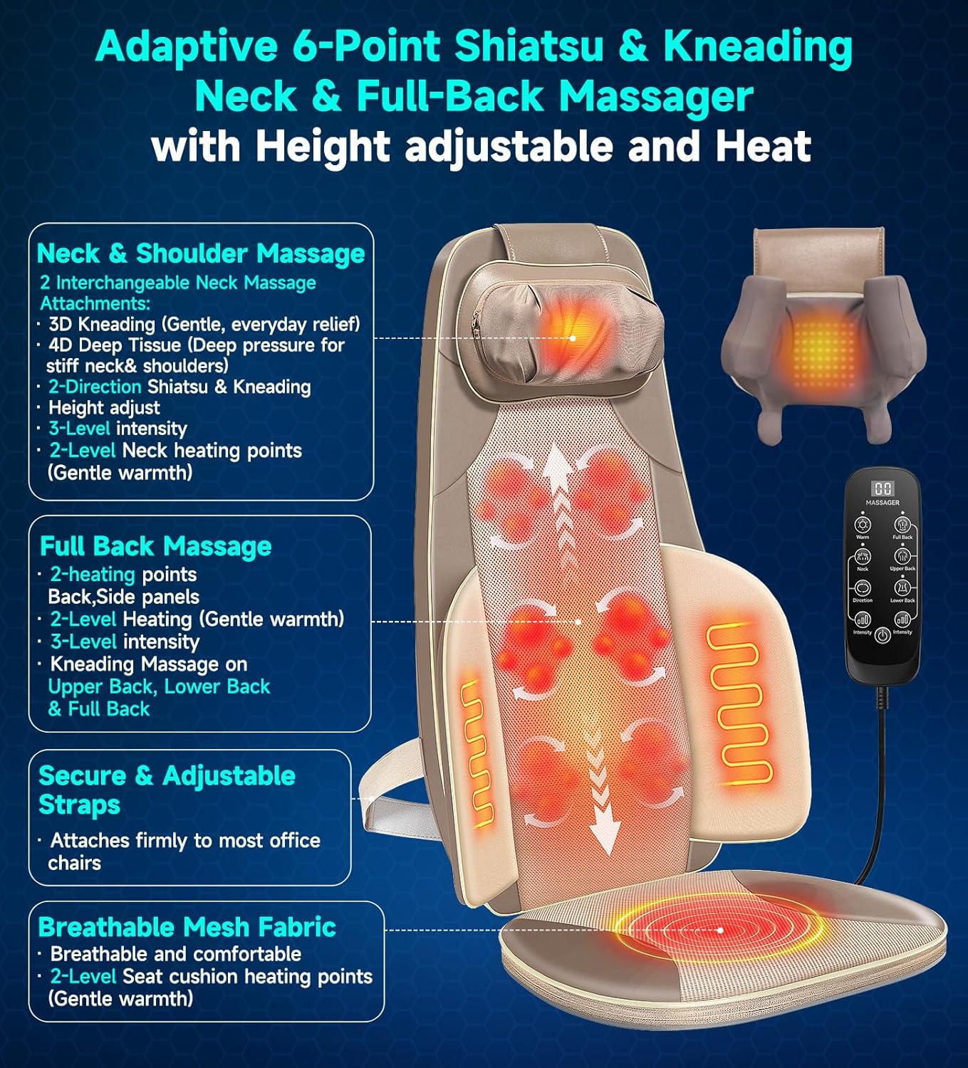Flekzo Back Massager for Chair with Heat, Shiatsu Neck and Shoulder 4D Kneading Deep Tissue Massage Chair Pad, Electric Portable Seat Cushion for Muscle Back Pain Relief Home Office Use, Beige thumbnail 15