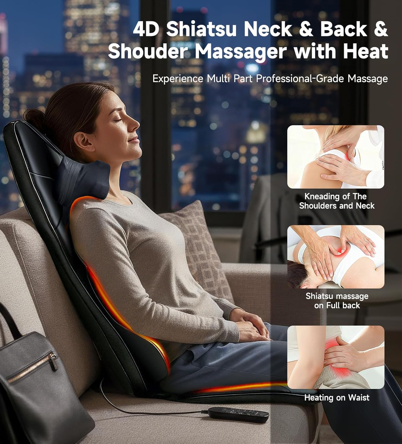 Shiatsu Pro Back Massager for Chair with Heat, Black thumbnail 9