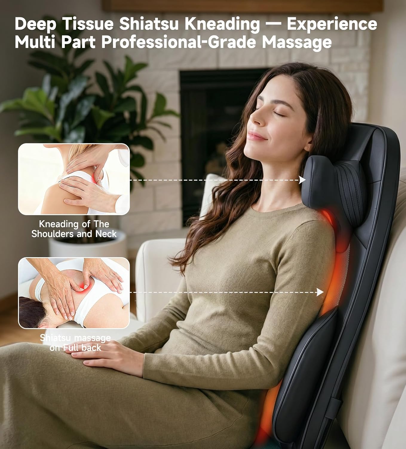 Flekzo Shiatsu Back Massager Chair Pad with 4-Zone Heat, Deep Tissue Kneading & Rolling, 6-Point Finger-Grip Neck & Back Massage, Adjustable Height, Office Chair & Recliner Seat Cushion, Black thumbnail 2