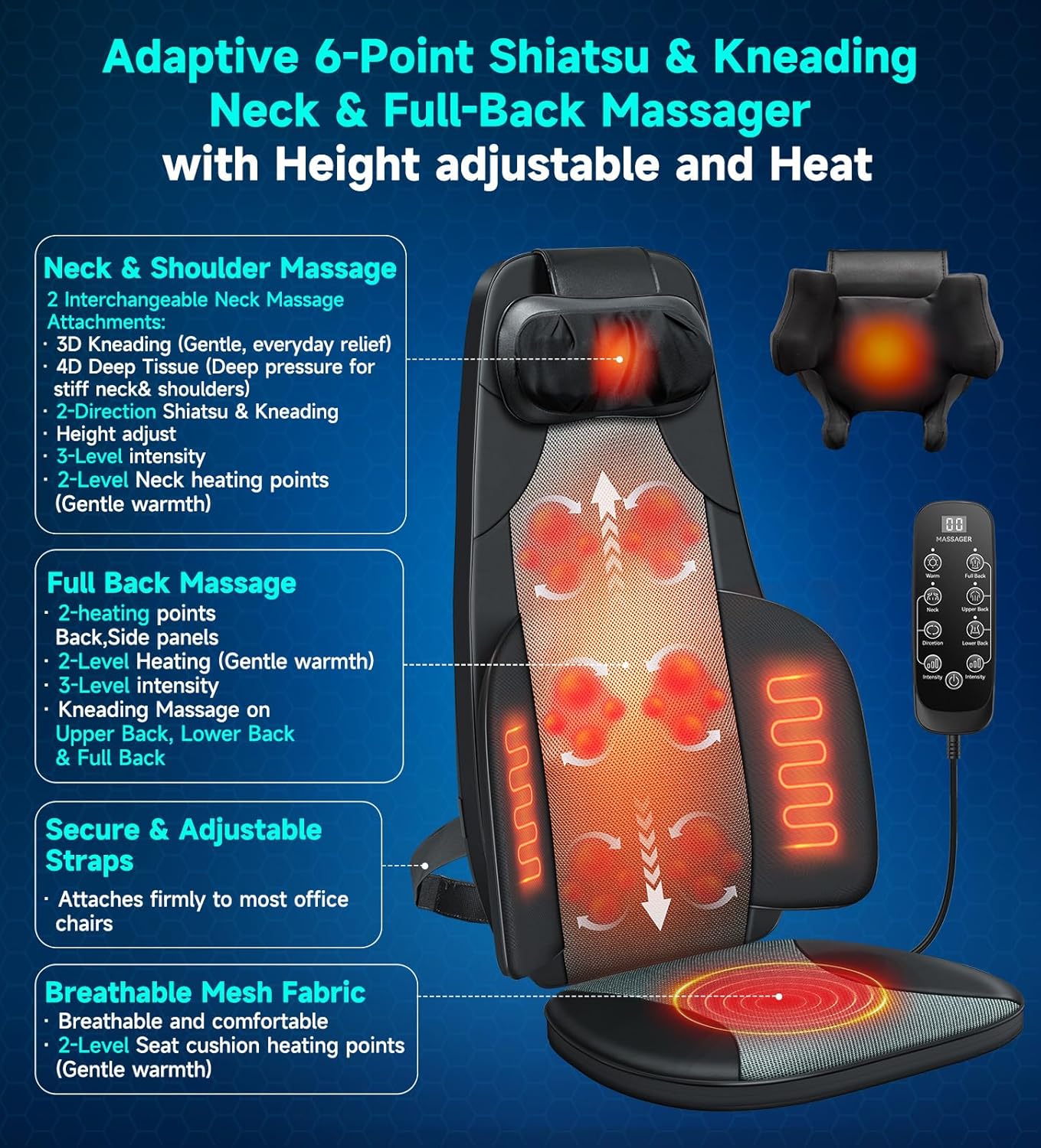 Shiatsu Pro Back Massager for Chair with Heat, Black thumbnail 2