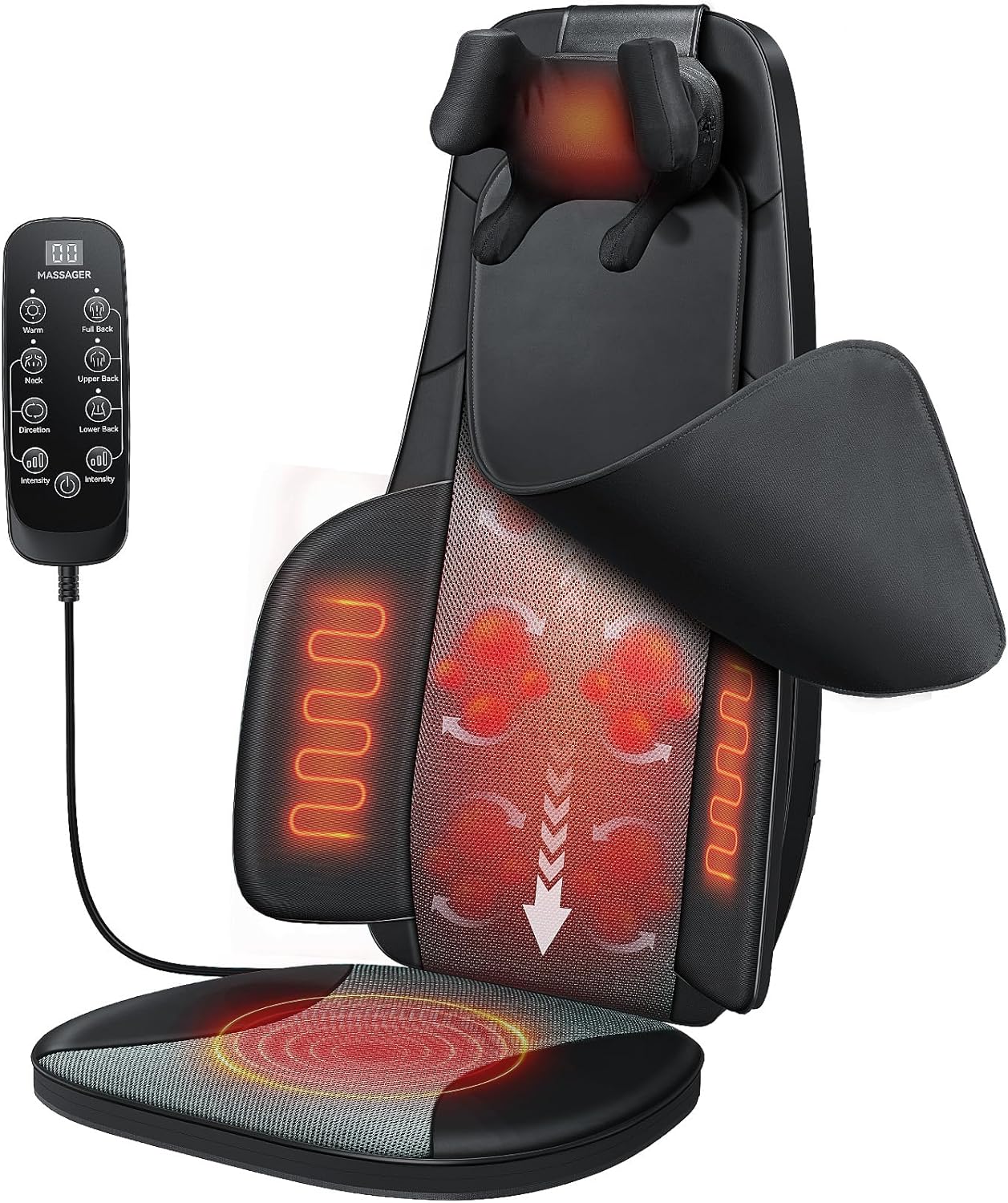 Flekzo Shiatsu Back Massager Chair Pad with 4-Zone Heat, Deep Tissue Kneading & Rolling, 6-Point Finger-Grip Neck & Back Massage, Adjustable Height, Office Chair & Recliner Seat Cushion, Black