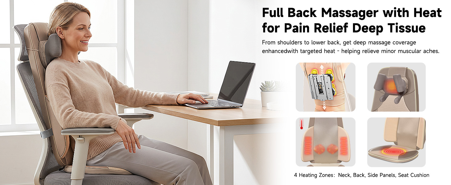 Flekzo Shiatsu Neck and Back Massager for Office Chair with Heat – Deep Tissue 6-Point Finger-Grip Kneading, 4-Zone Heating, Adjustable Height, Pain Relief Massage Pad for Desk Workers, Brown thumbnail 11