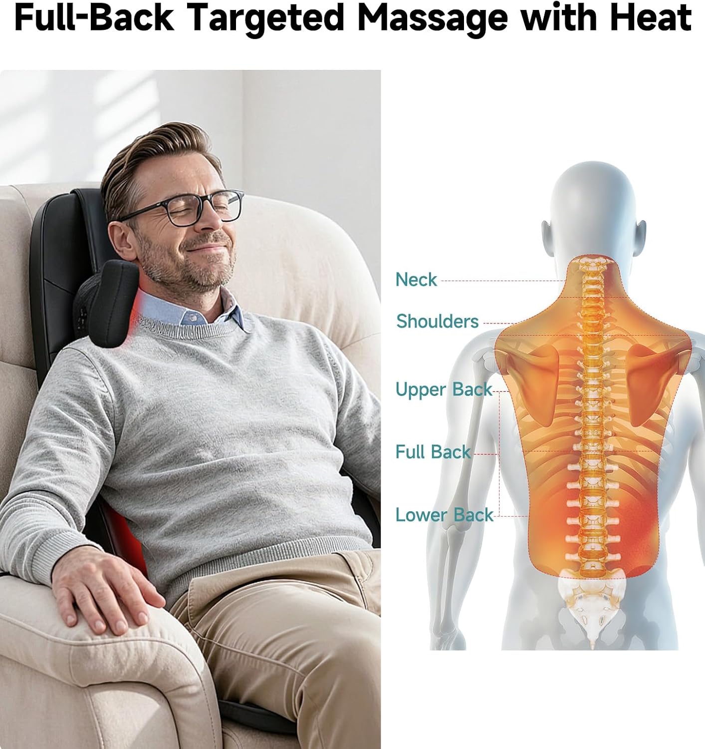 Flekzo Shiatsu Back Massager Chair Pad with 4-Zone Heat, Deep Tissue Kneading & Rolling, 6-Point Finger-Grip Neck & Back Massage, Adjustable Height, Office Chair & Recliner Seat Cushion, Black thumbnail 4