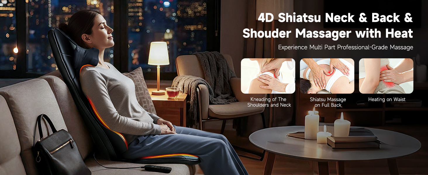 Shiatsu Pro Back Massager for Chair with Heat, Black detail 1