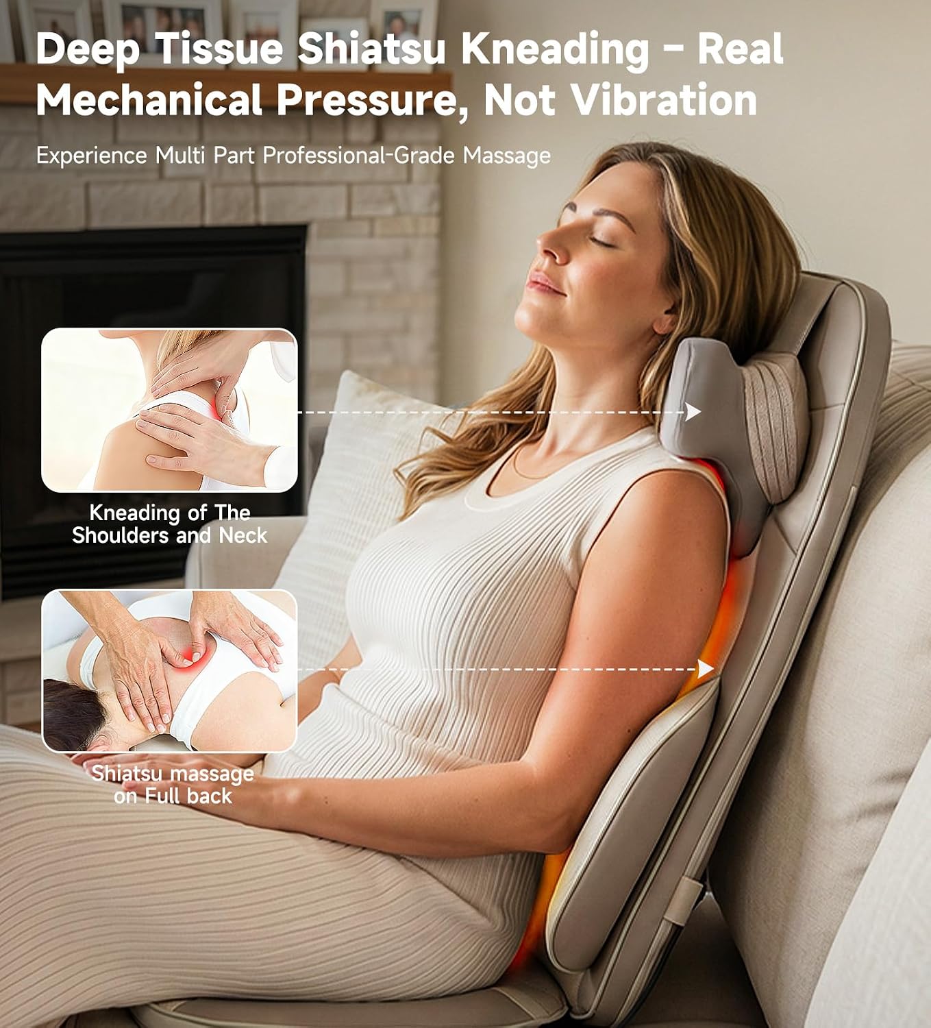 Flekzo Shiatsu Neck and Back Massager for Office Chair with Heat – Deep Tissue 6-Point Finger-Grip Kneading, 4-Zone Heating, Adjustable Height, Pain Relief Massage Pad for Desk Workers, Brown thumbnail 2