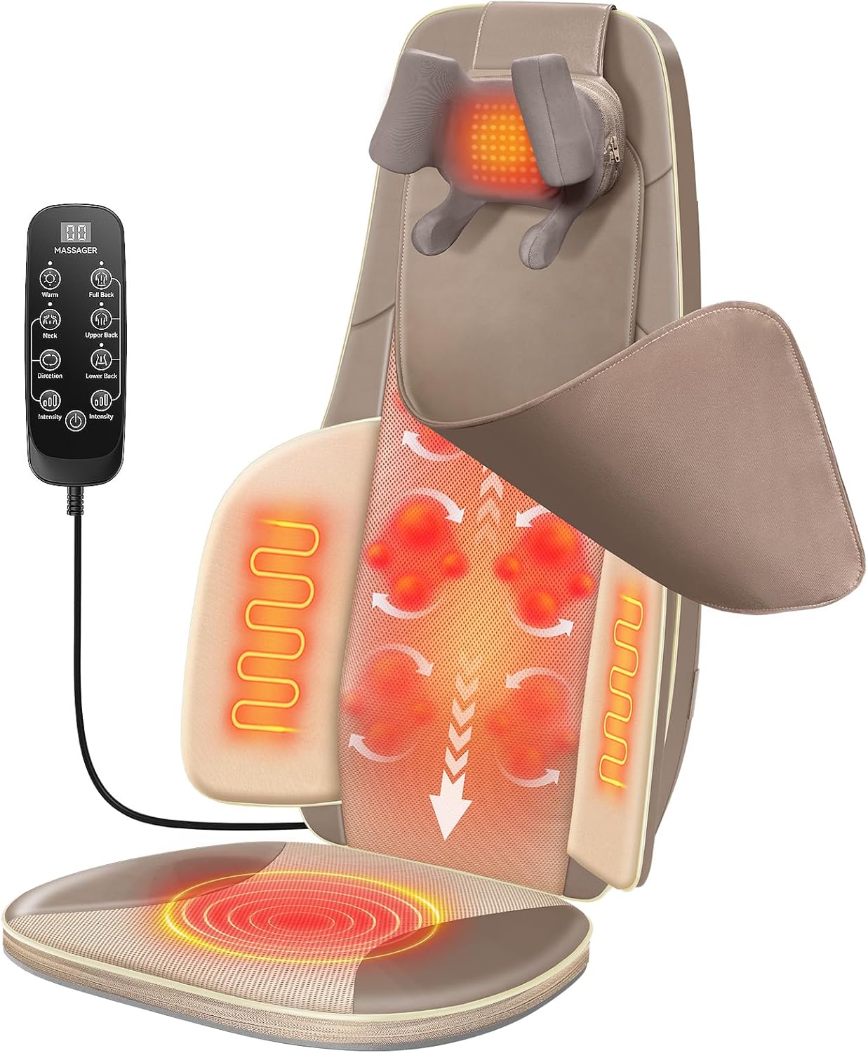 Flekzo Shiatsu Neck and Back Massager for Office Chair with Heat – Deep Tissue 6-Point Finger-Grip Kneading, 4-Zone Heating, Adjustable Height, Pain Relief Massage Pad for Desk Workers, Brown