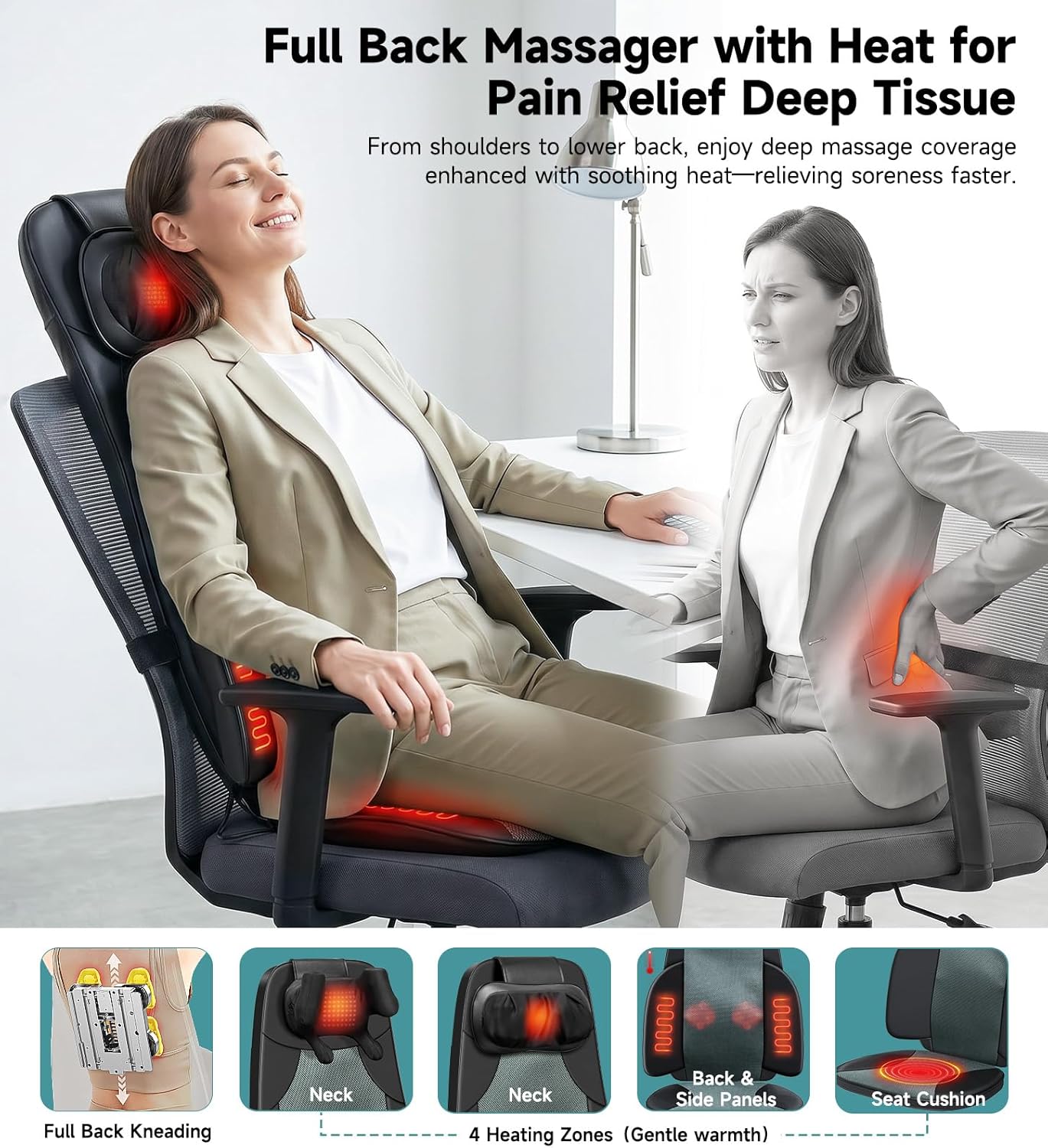 Shiatsu Pro Back Massager for Chair with Heat, Black thumbnail 6