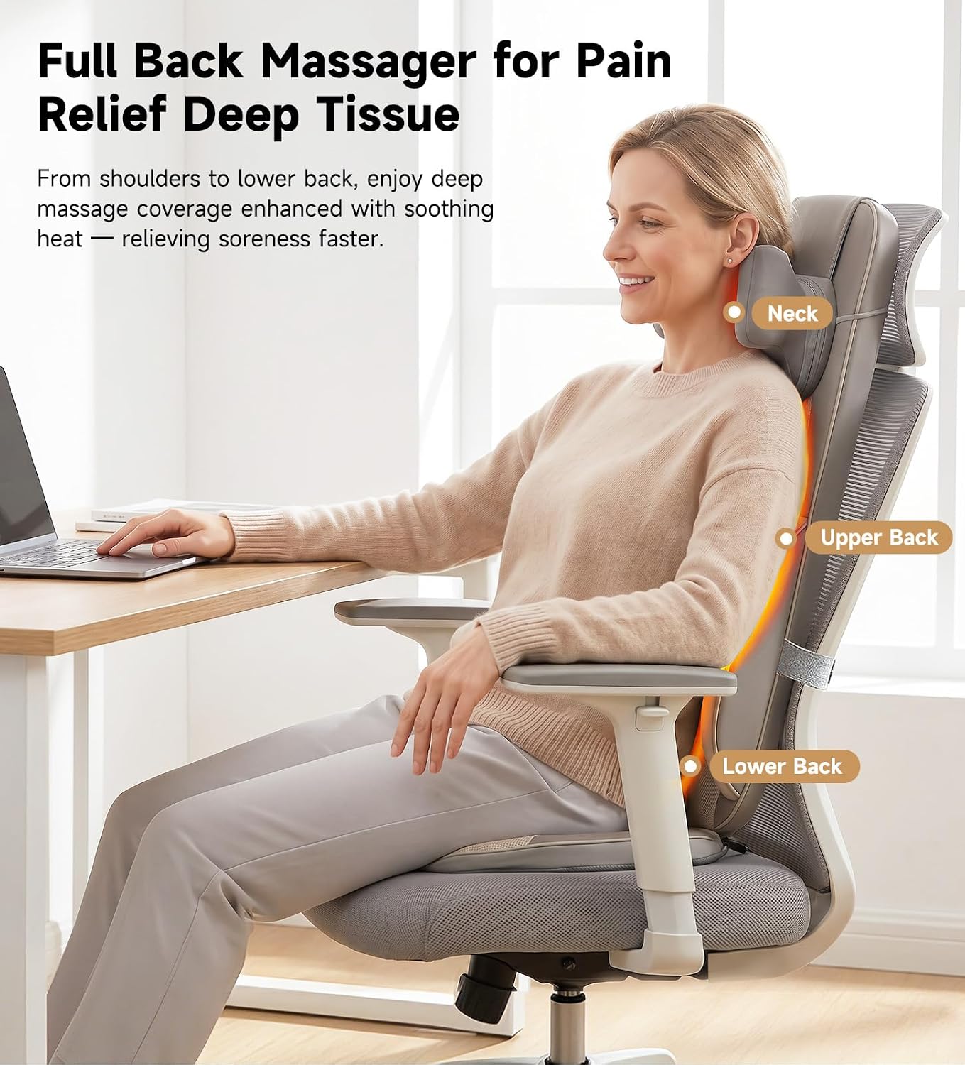 Flekzo Shiatsu Neck and Back Massager for Office Chair with Heat – Deep Tissue 6-Point Finger-Grip Kneading, 4-Zone Heating, Adjustable Height, Pain Relief Massage Pad for Desk Workers, Brown thumbnail 4