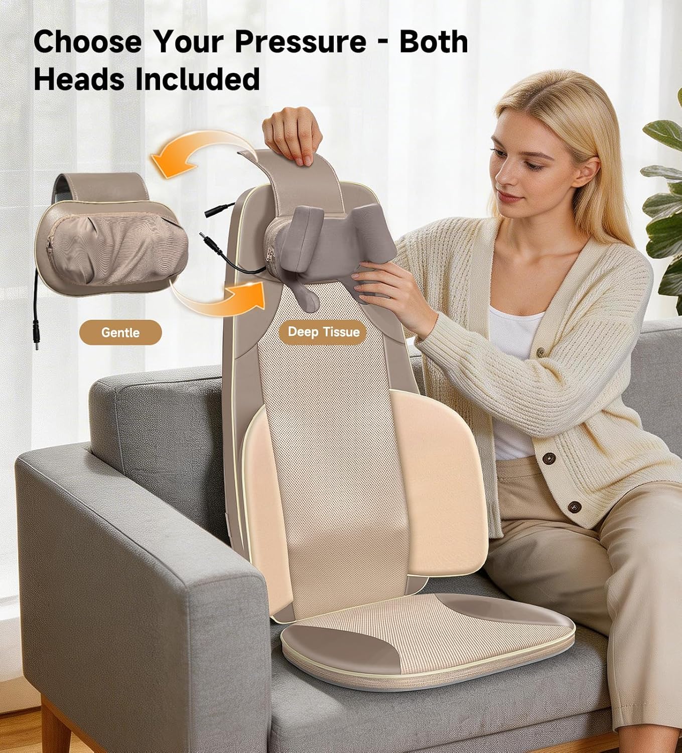 Flekzo Back Massager for Chair with Heat, Shiatsu Neck and Shoulder 4D Kneading Deep Tissue Massage Chair Pad, Electric Portable Seat Cushion for Muscle Back Pain Relief Home Office Use, Beige thumbnail 5