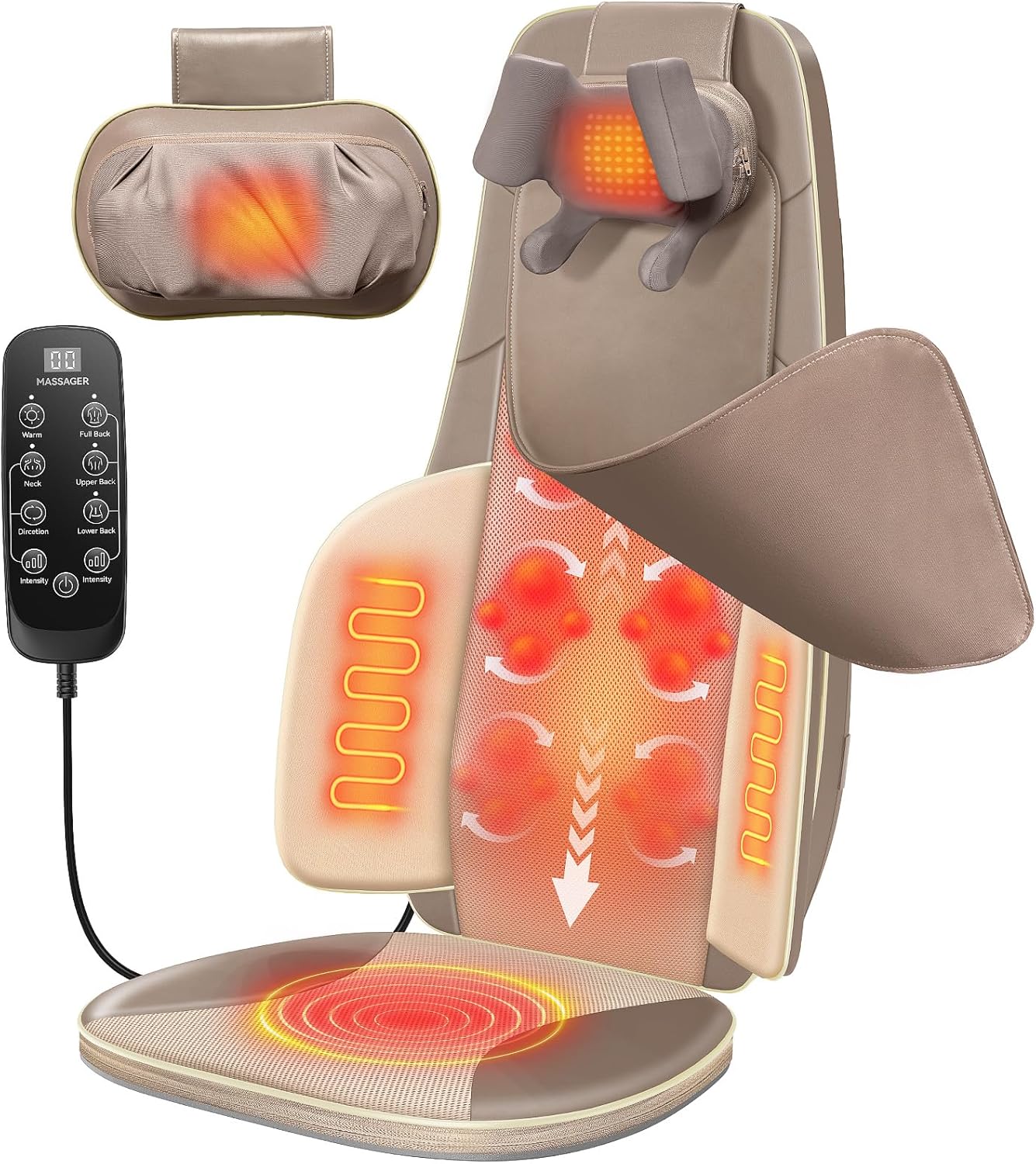 Flekzo Back Massager for Chair with Heat, Shiatsu Neck and Shoulder 4D Kneading Deep Tissue Massage Chair Pad, Electric Portable Seat Cushion for Muscle Back Pain Relief Home Office Use, Beige